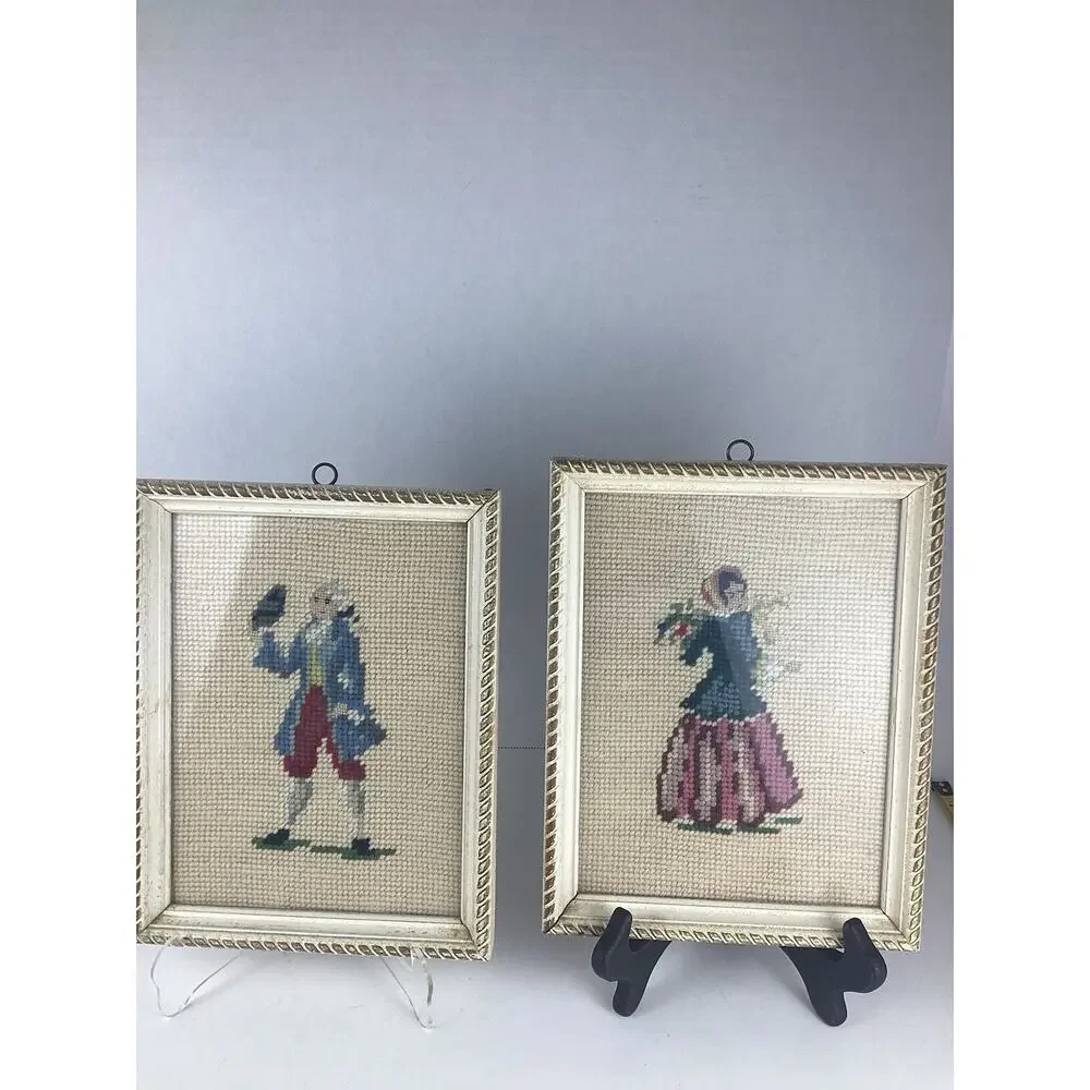 Lot of 2 Vintage 1950 Framed Needlepoints Man & Woman